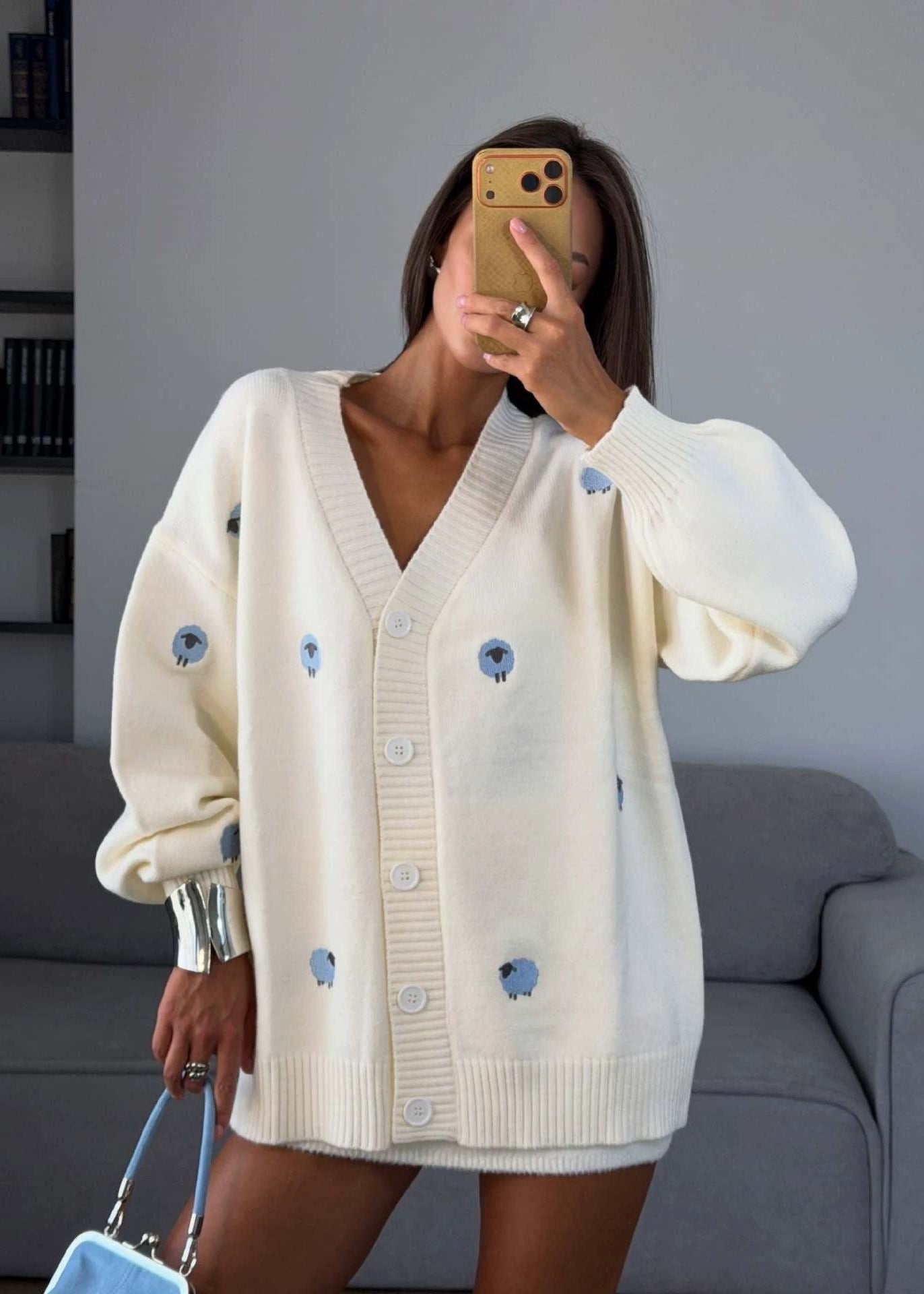 Sheep Motif V-Neck Knit Cardigan with Oversized Fit
