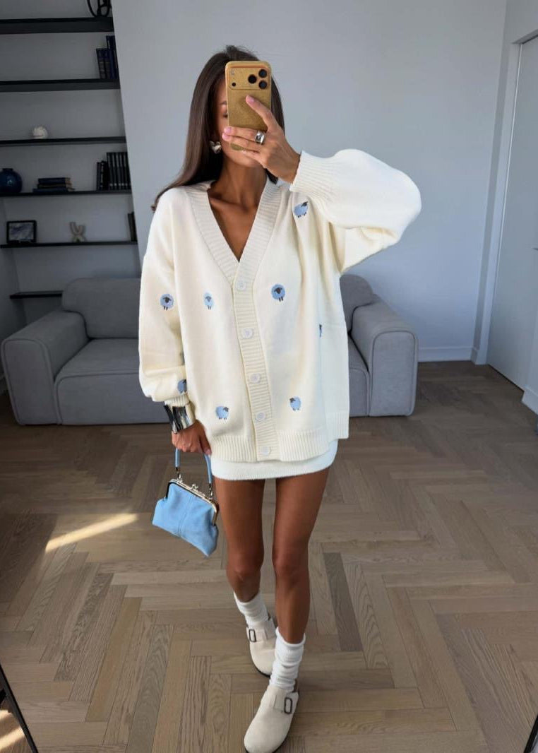 Sheep Motif V-Neck Knit Cardigan with Oversized Fit