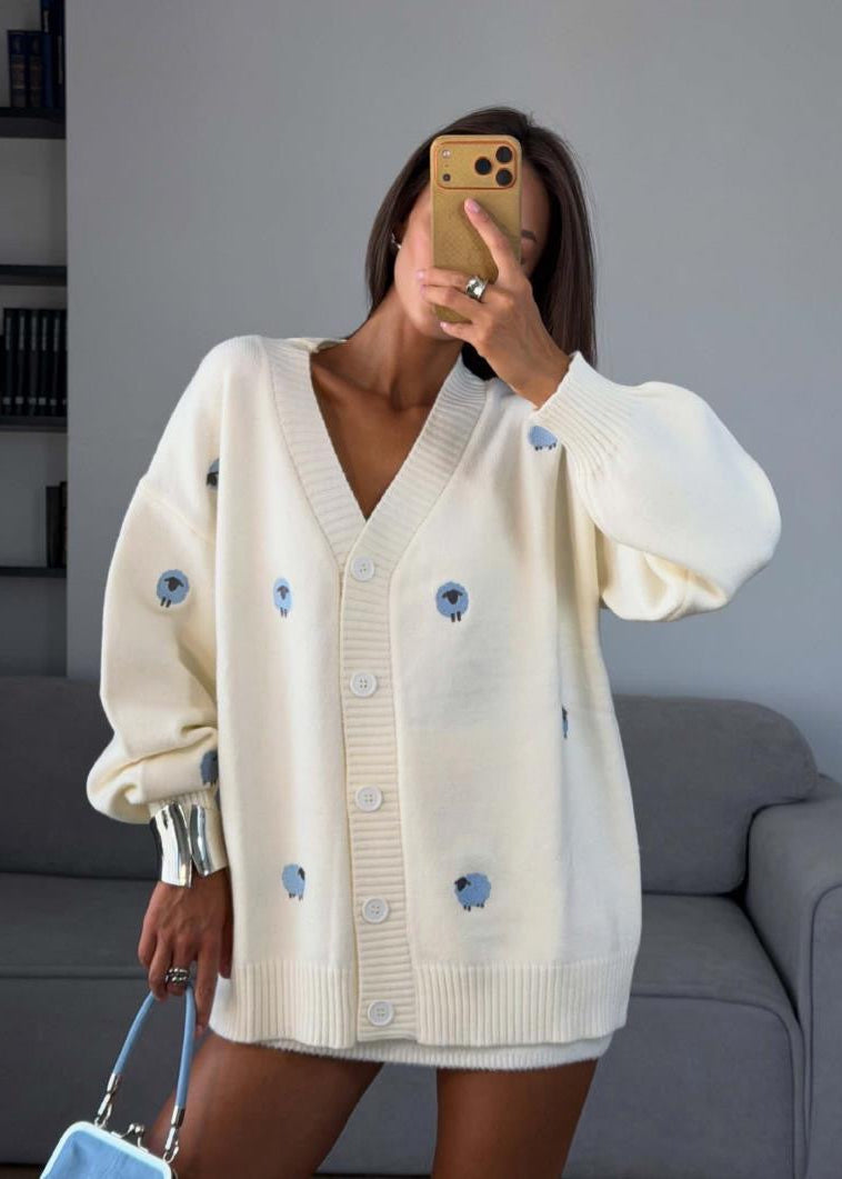 Sheep Motif V-Neck Knit Cardigan with Oversized Fit