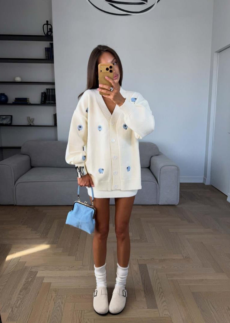 Sheep Motif V-Neck Knit Cardigan with Oversized Fit
