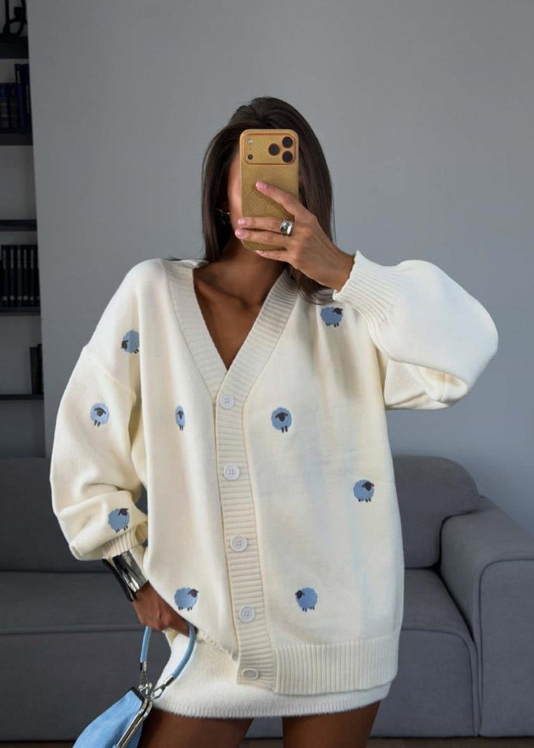Sheep Motif V-Neck Knit Cardigan with Oversized Fit