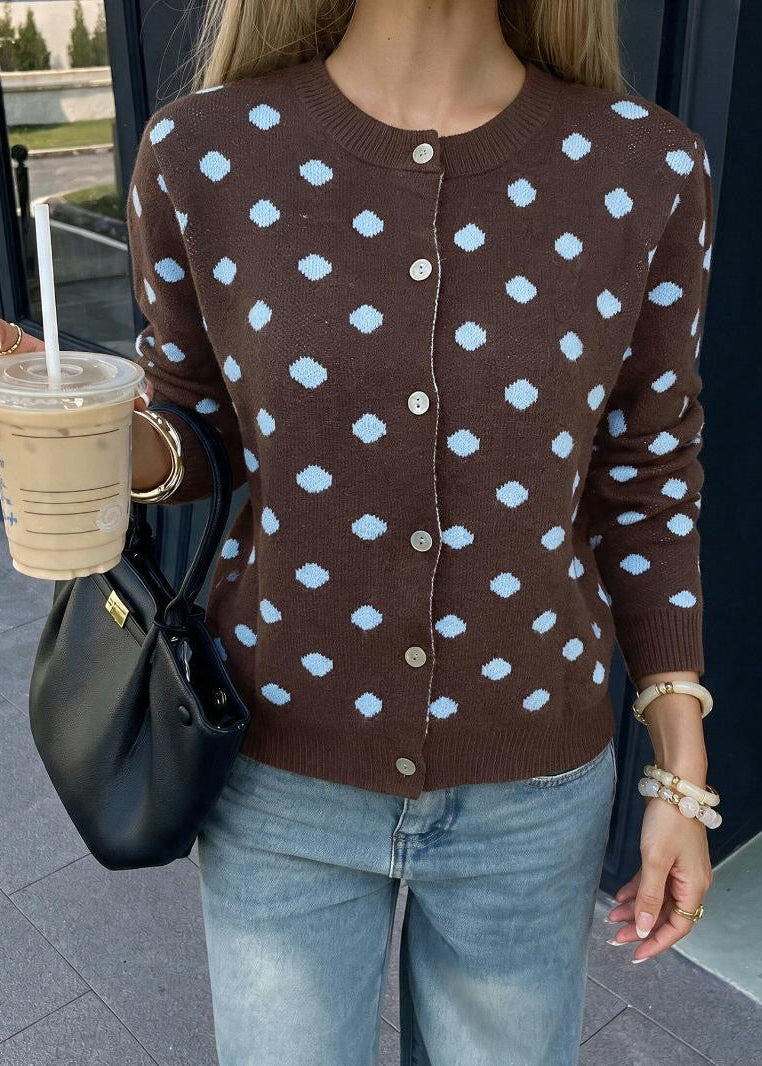 Polka Dot Crew Neck Knit Cardigan with Button Front