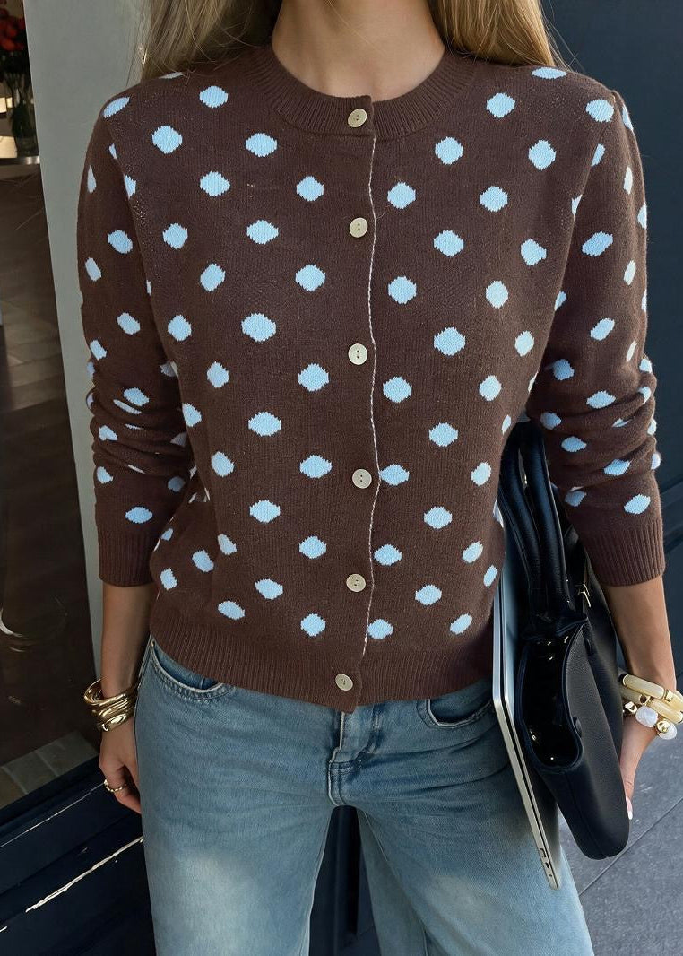 Polka Dot Crew Neck Knit Cardigan with Button Front