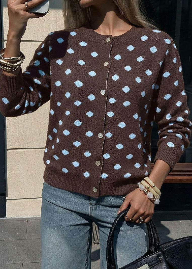 Polka Dot Crew Neck Knit Cardigan with Button Front