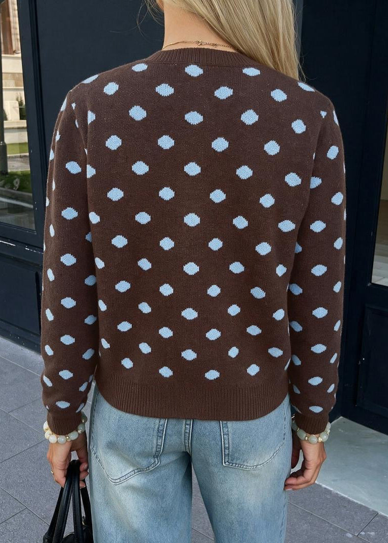 Polka Dot Crew Neck Knit Cardigan with Button Front