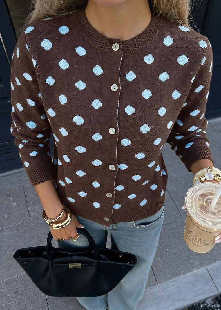 Polka Dot Crew Neck Knit Cardigan with Button Front