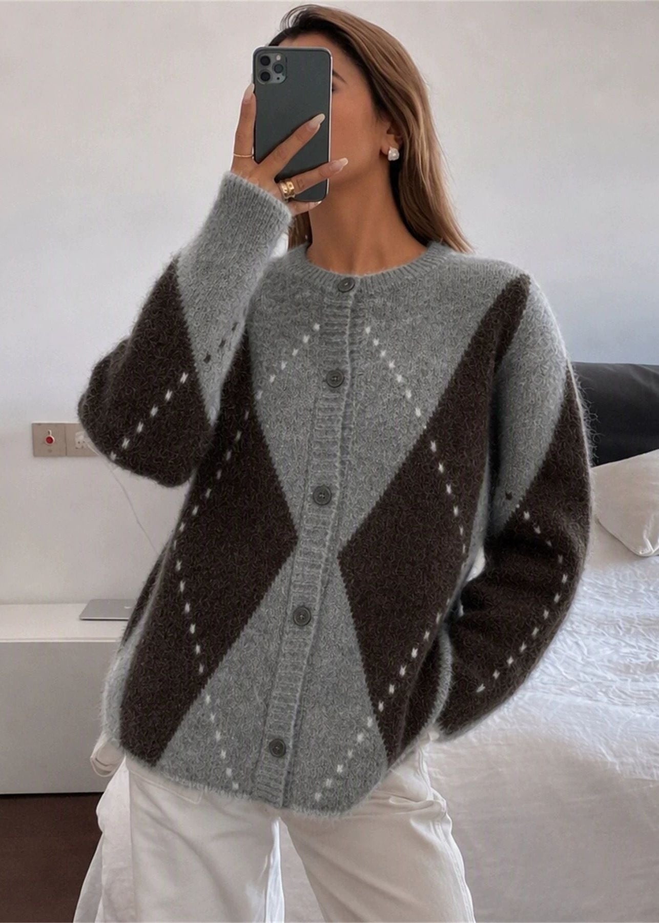 Argyle Crew Neck Knit Cardigan with Button Front