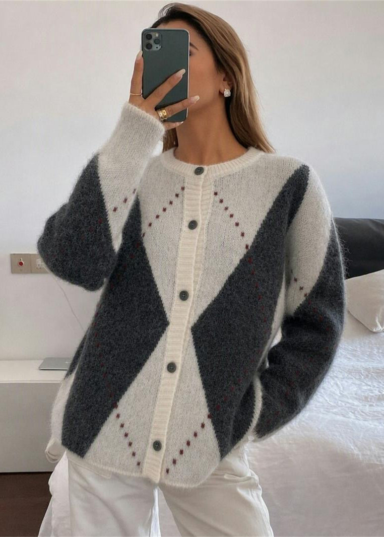 Argyle Crew Neck Knit Cardigan with Button Front