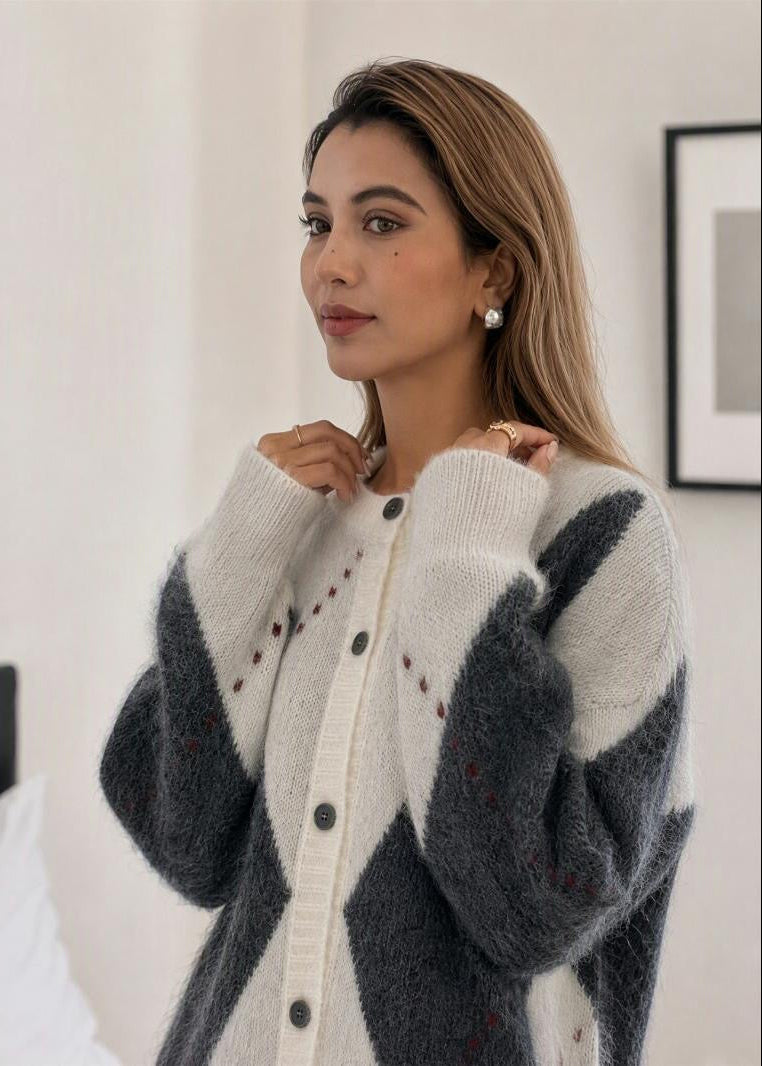 Argyle Crew Neck Knit Cardigan with Button Front