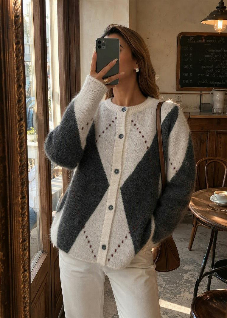 Argyle Crew Neck Knit Cardigan with Button Front