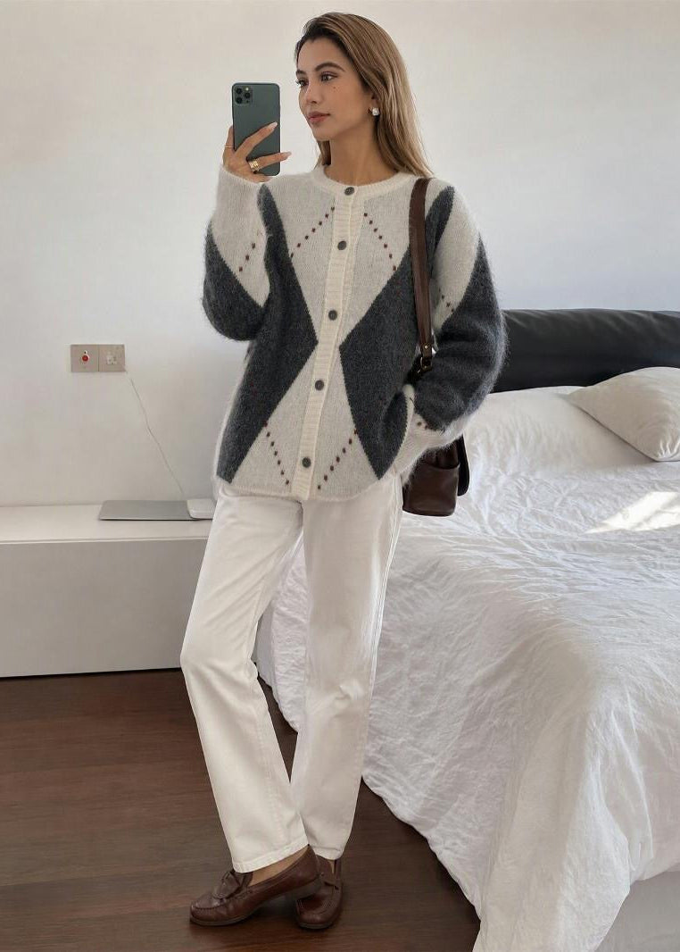 Argyle Crew Neck Knit Cardigan with Button Front