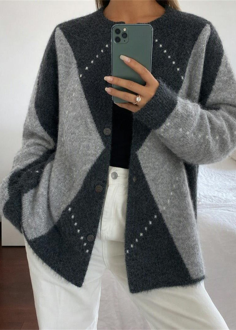 Argyle Crew Neck Knit Cardigan with Button Front