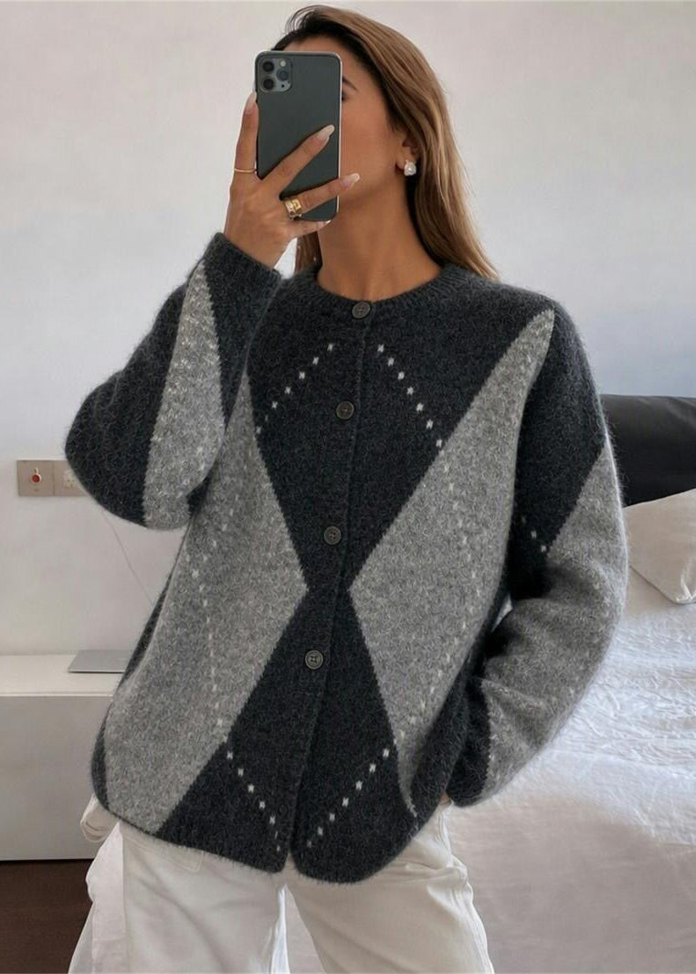 Argyle Crew Neck Knit Cardigan with Button Front