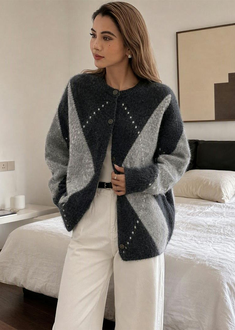 Argyle Crew Neck Knit Cardigan with Button Front