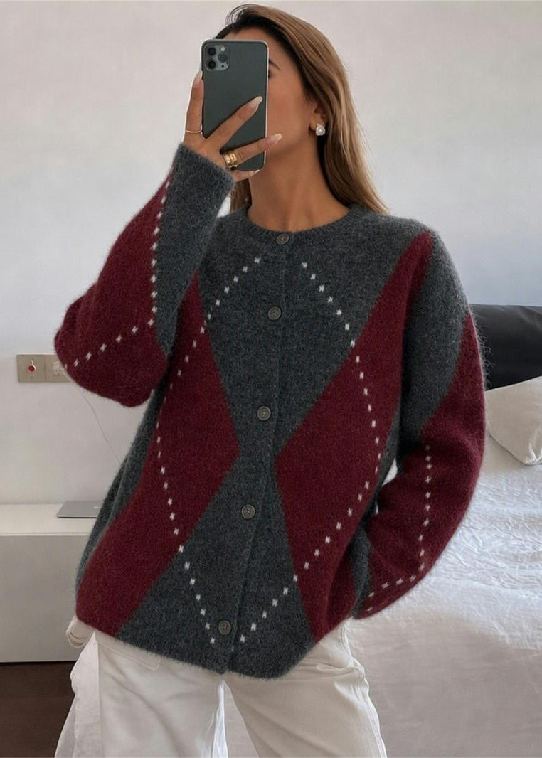 Argyle Crew Neck Knit Cardigan with Button Front
