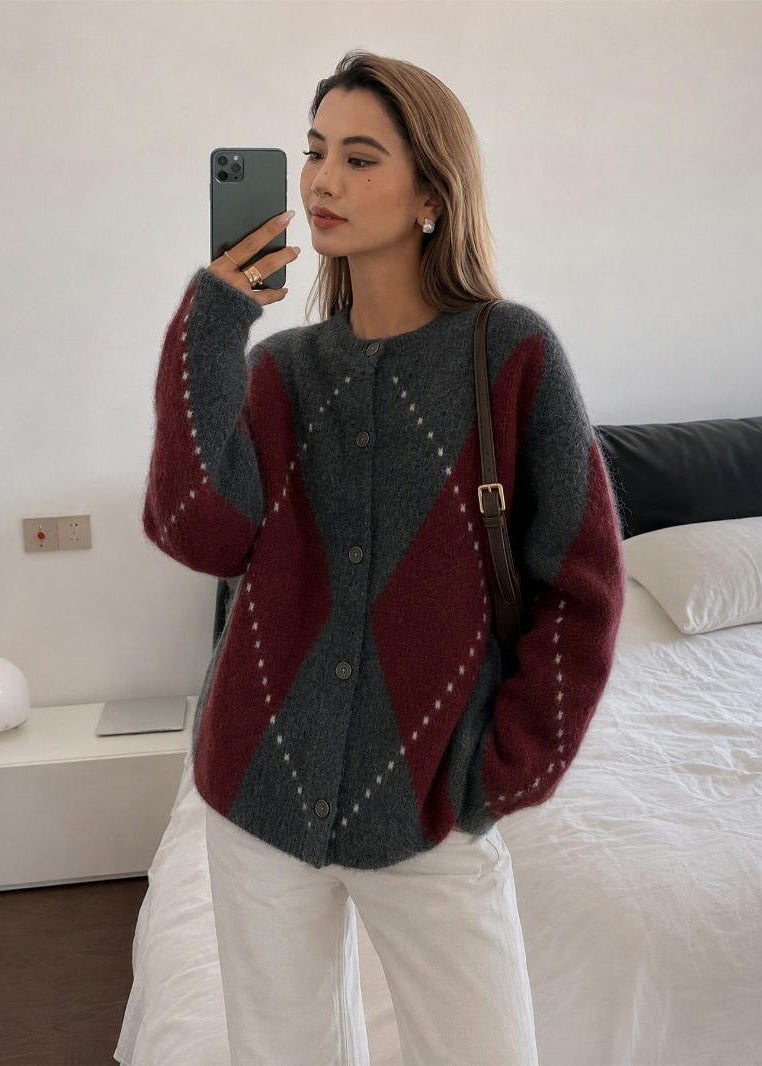 Argyle Crew Neck Knit Cardigan with Button Front