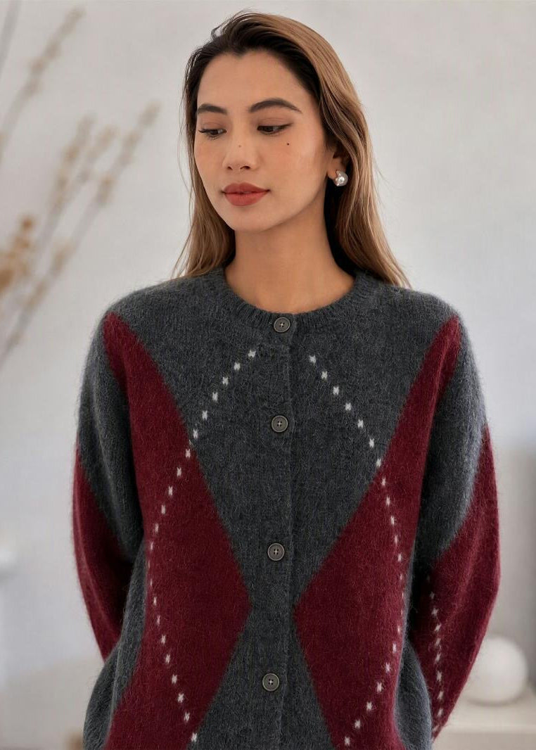 Argyle Crew Neck Knit Cardigan with Button Front