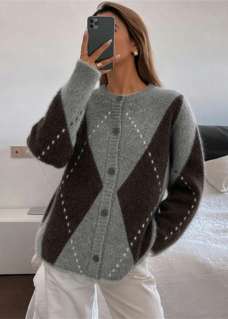 Argyle Crew Neck Knit Cardigan with Button Front