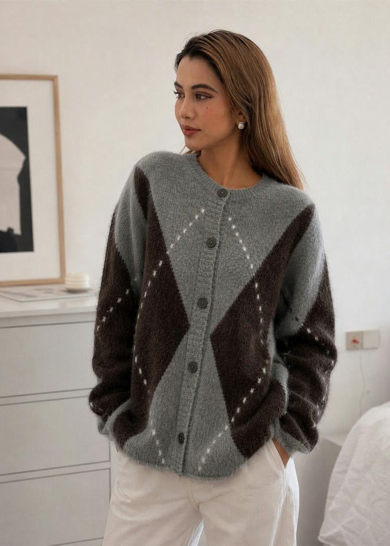 Argyle Crew Neck Knit Cardigan with Button Front