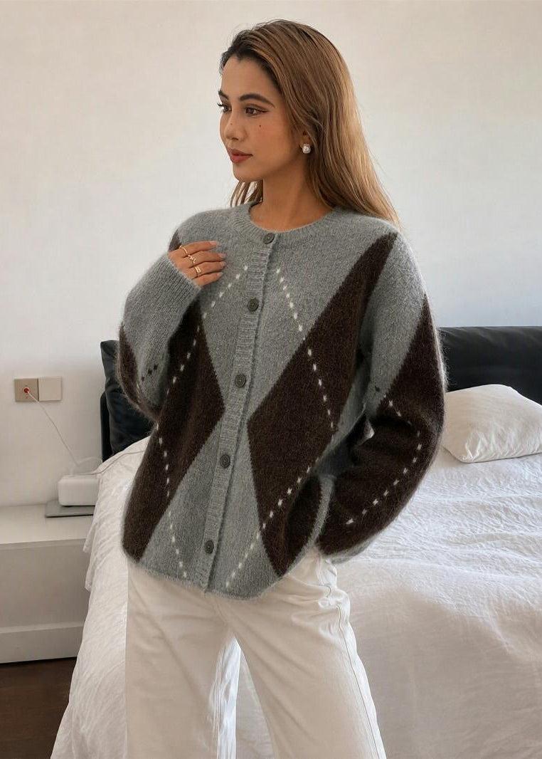 Argyle Crew Neck Knit Cardigan with Button Front