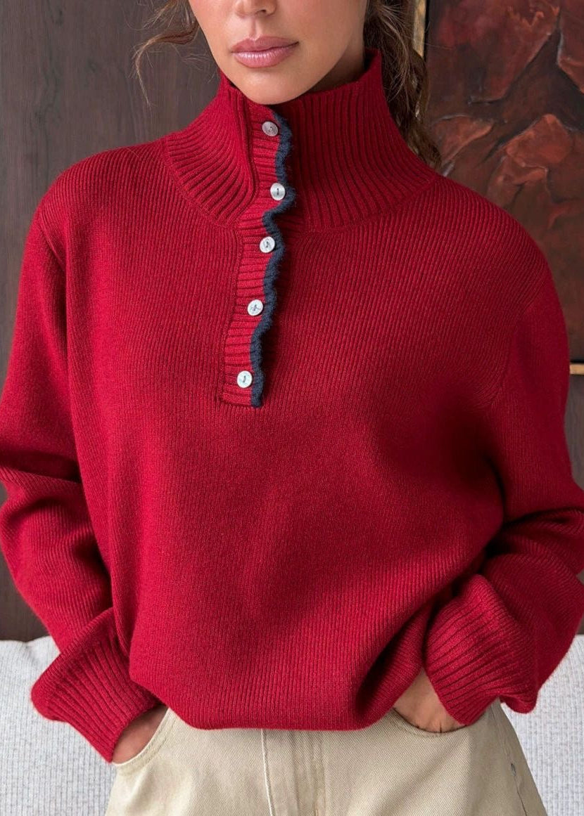 Contrast Trim Mock Neck Knit Pullover with Button Placket