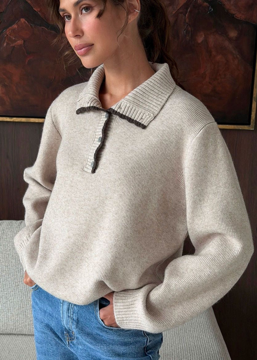 Contrast Trim Mock Neck Knit Pullover with Button Placket