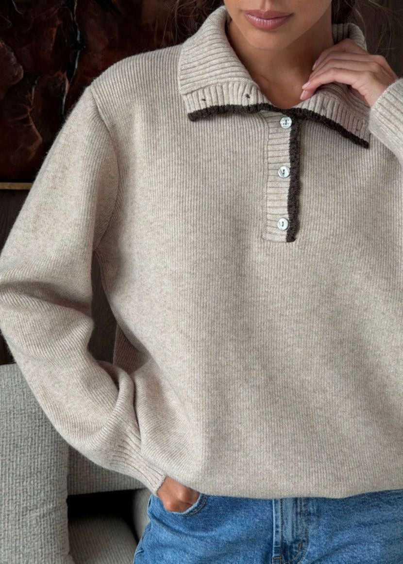 Contrast Trim Mock Neck Knit Pullover with Button Placket