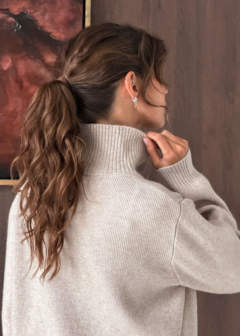 Contrast Trim Mock Neck Knit Pullover with Button Placket