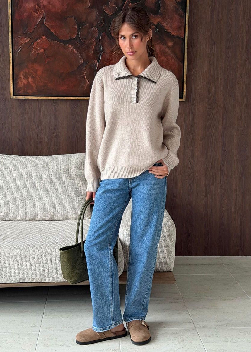 Contrast Trim Mock Neck Knit Pullover with Button Placket