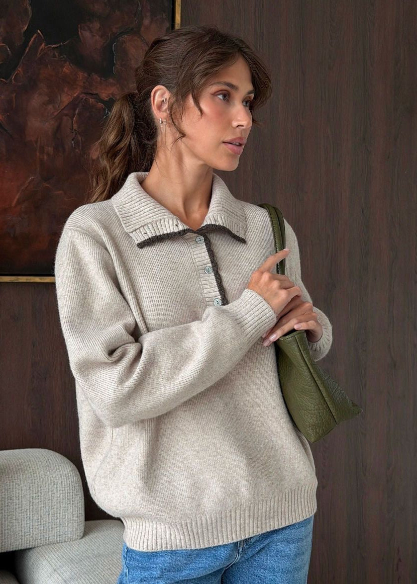Contrast Trim Mock Neck Knit Pullover with Button Placket
