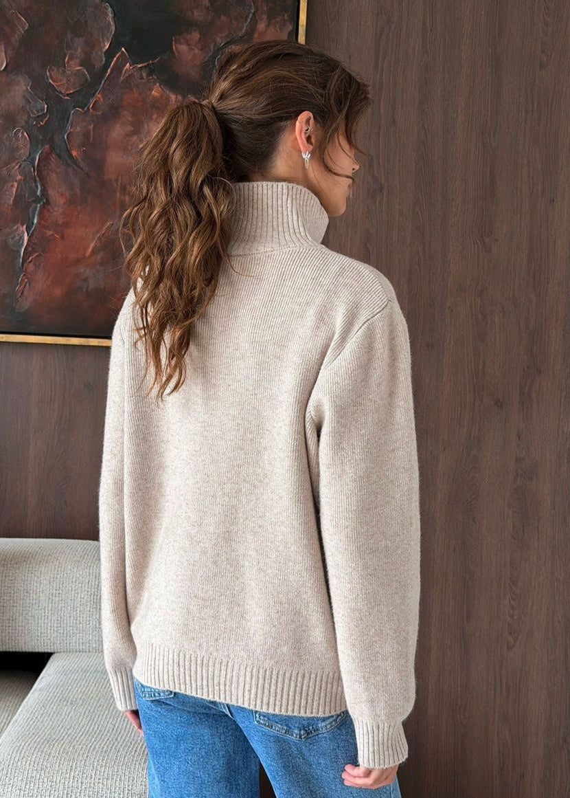 Contrast Trim Mock Neck Knit Pullover with Button Placket