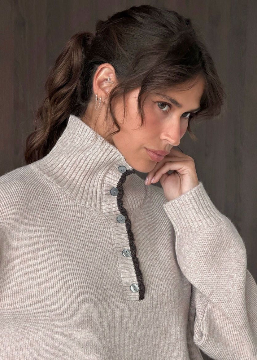 Contrast Trim Mock Neck Knit Pullover with Button Placket