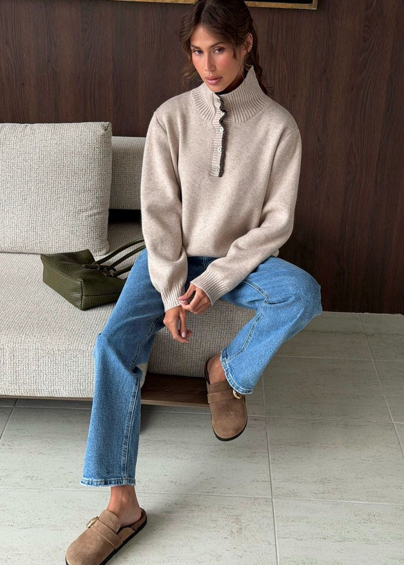 Contrast Trim Mock Neck Knit Pullover with Button Placket