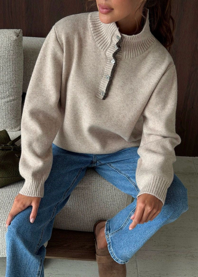 Contrast Trim Mock Neck Knit Pullover with Button Placket