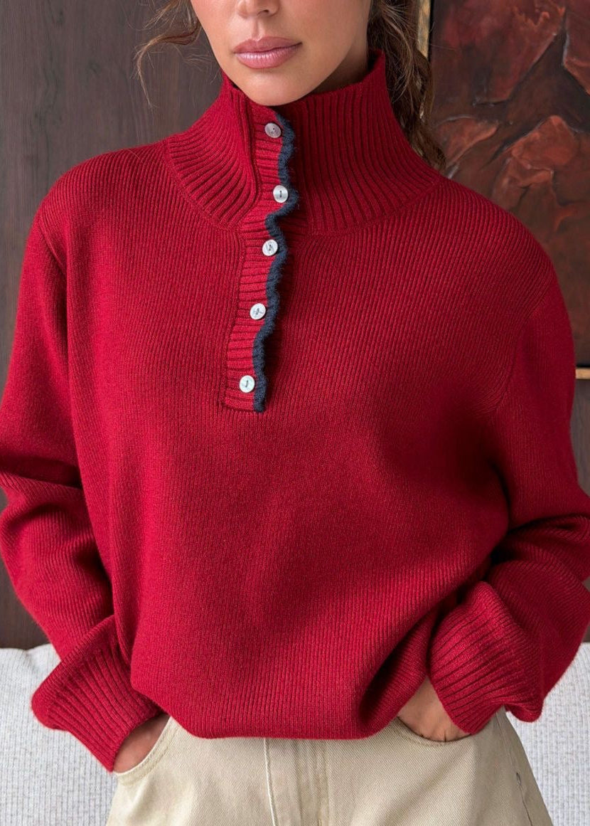 Contrast Trim Mock Neck Knit Pullover with Button Placket