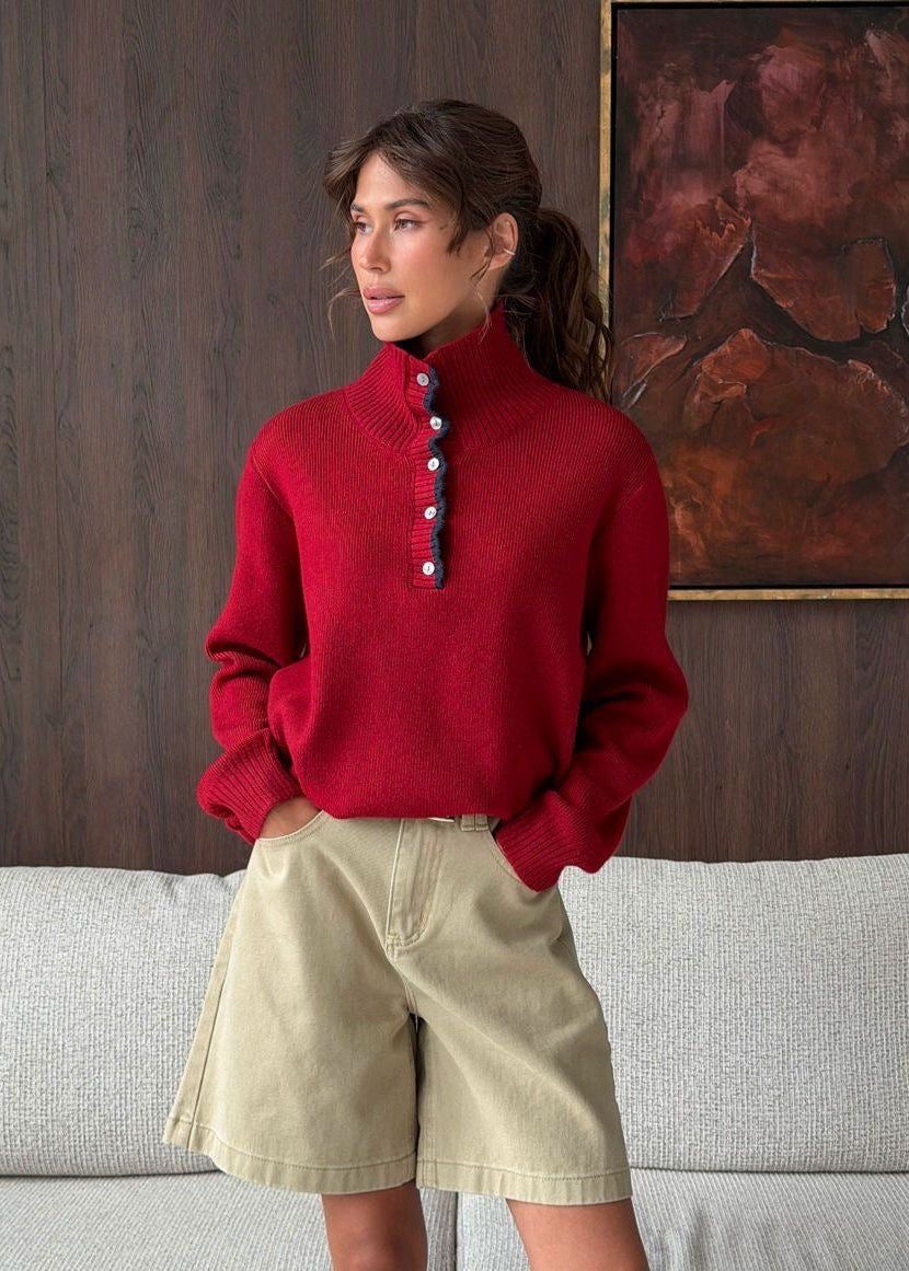 Contrast Trim Mock Neck Knit Pullover with Button Placket