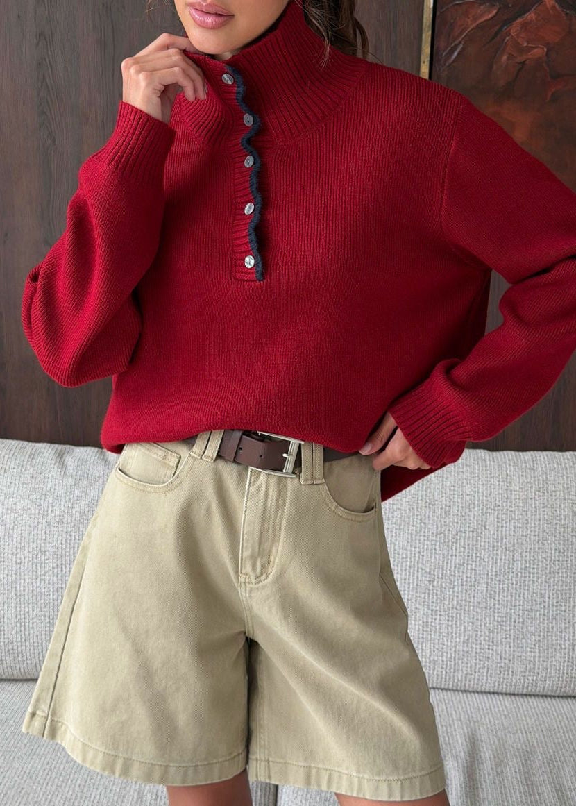 Contrast Trim Mock Neck Knit Pullover with Button Placket