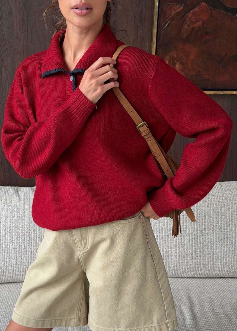 Contrast Trim Mock Neck Knit Pullover with Button Placket