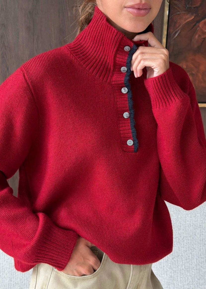 Contrast Trim Mock Neck Knit Pullover with Button Placket