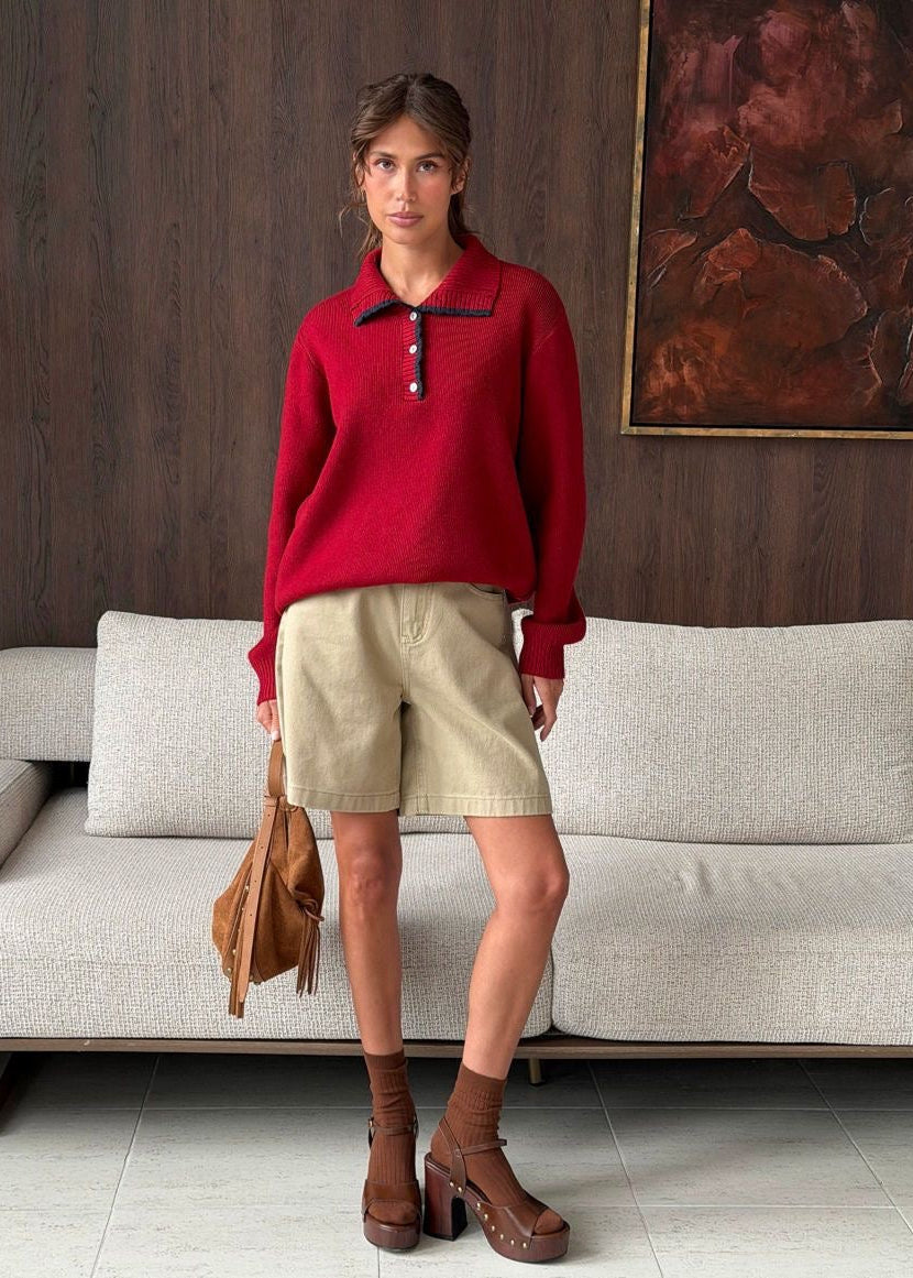 Contrast Trim Mock Neck Knit Pullover with Button Placket