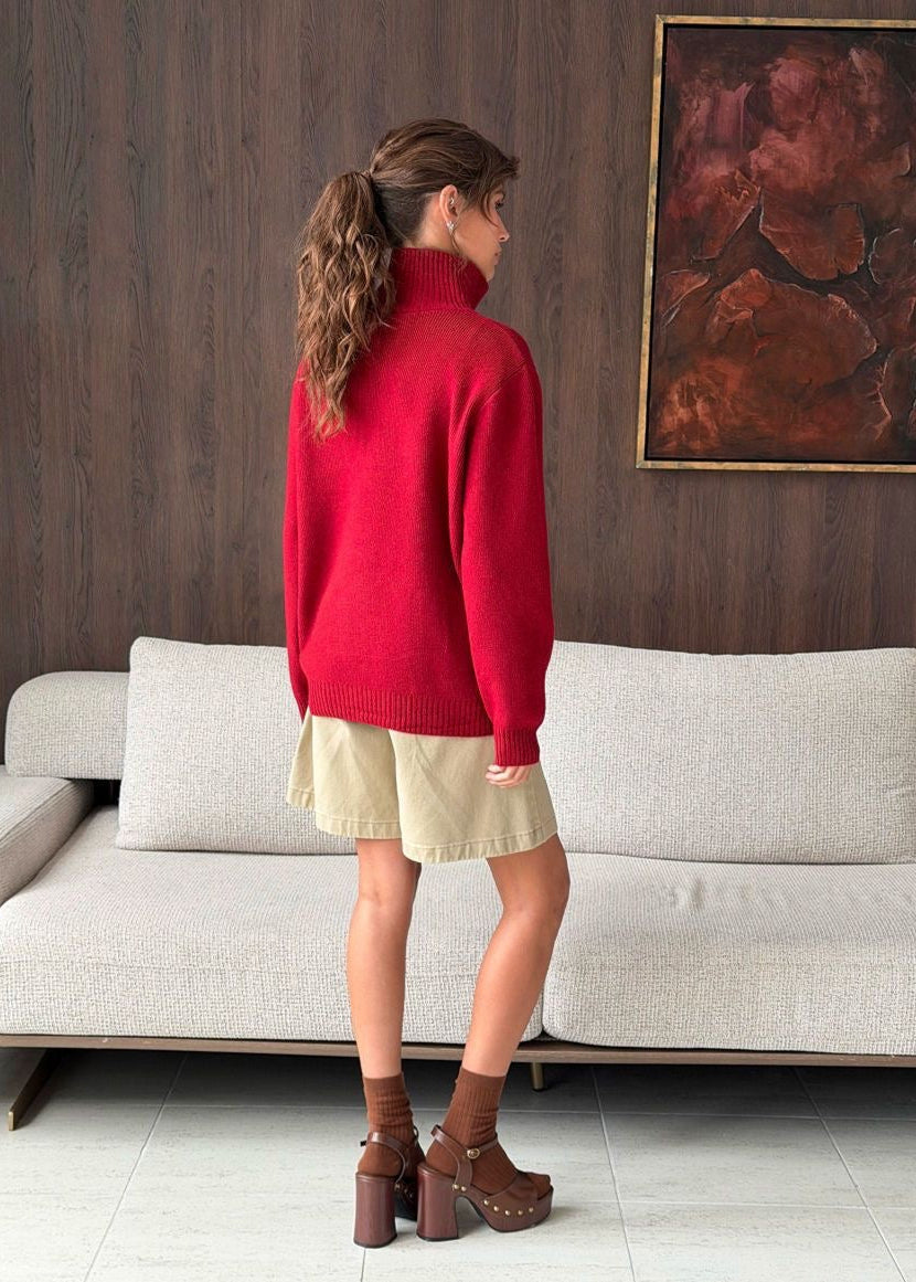 Contrast Trim Mock Neck Knit Pullover with Button Placket