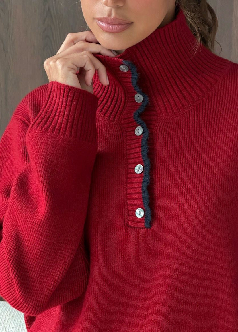 Contrast Trim Mock Neck Knit Pullover with Button Placket