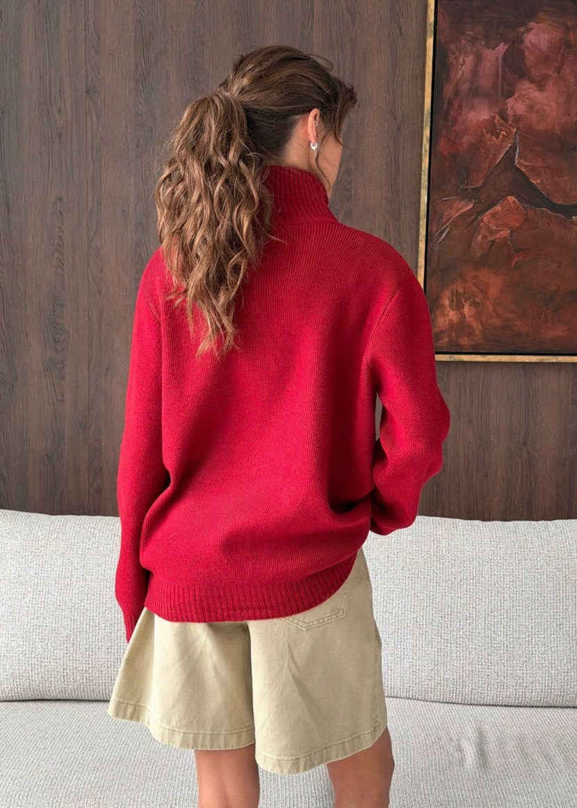 Contrast Trim Mock Neck Knit Pullover with Button Placket