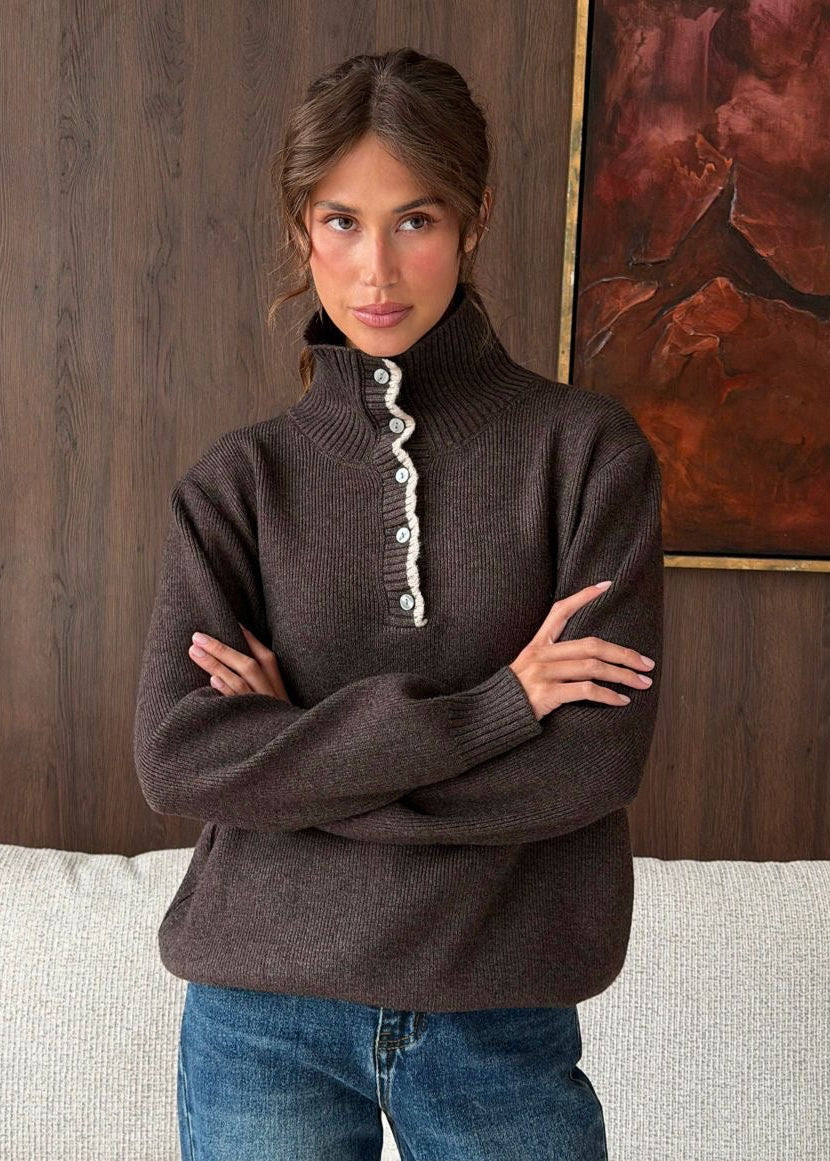 Contrast Trim Mock Neck Knit Pullover with Button Placket