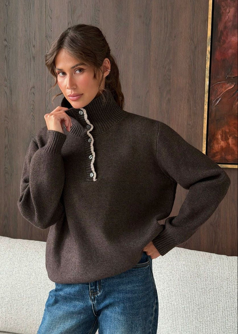Contrast Trim Mock Neck Knit Pullover with Button Placket
