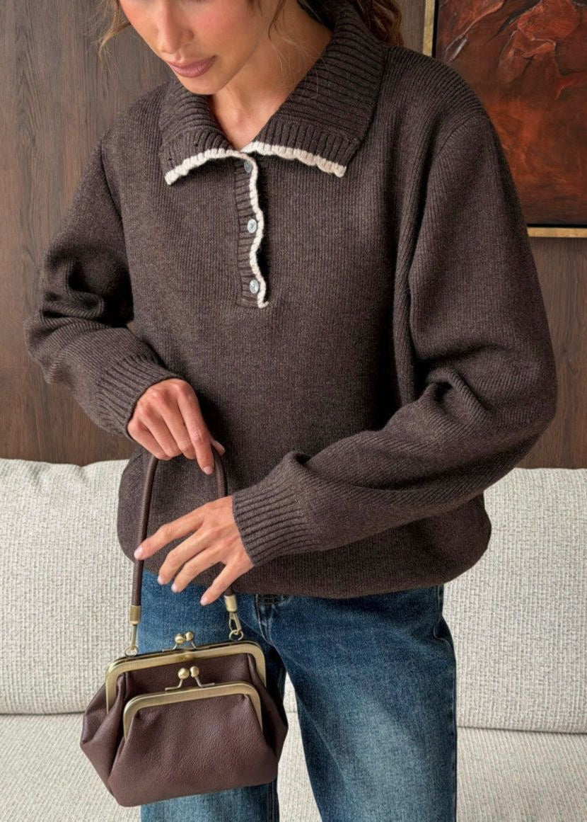 Contrast Trim Mock Neck Knit Pullover with Button Placket