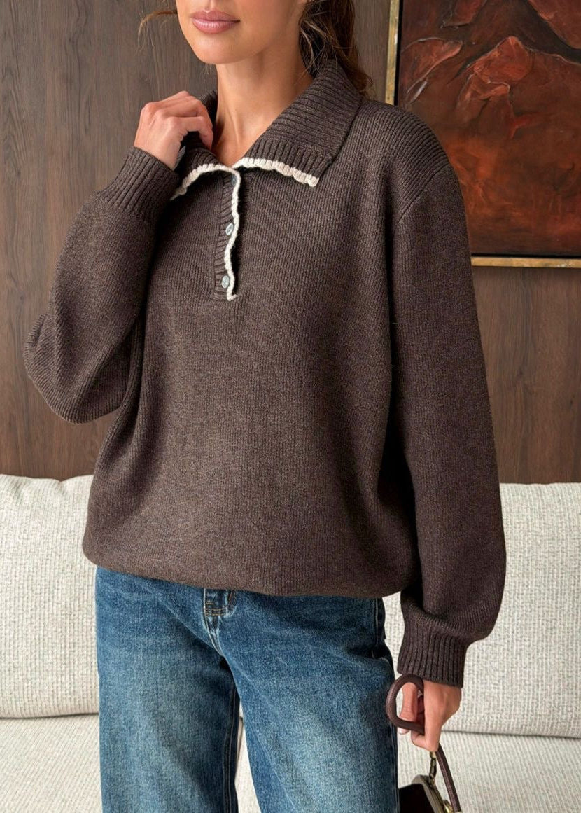 Contrast Trim Mock Neck Knit Pullover with Button Placket