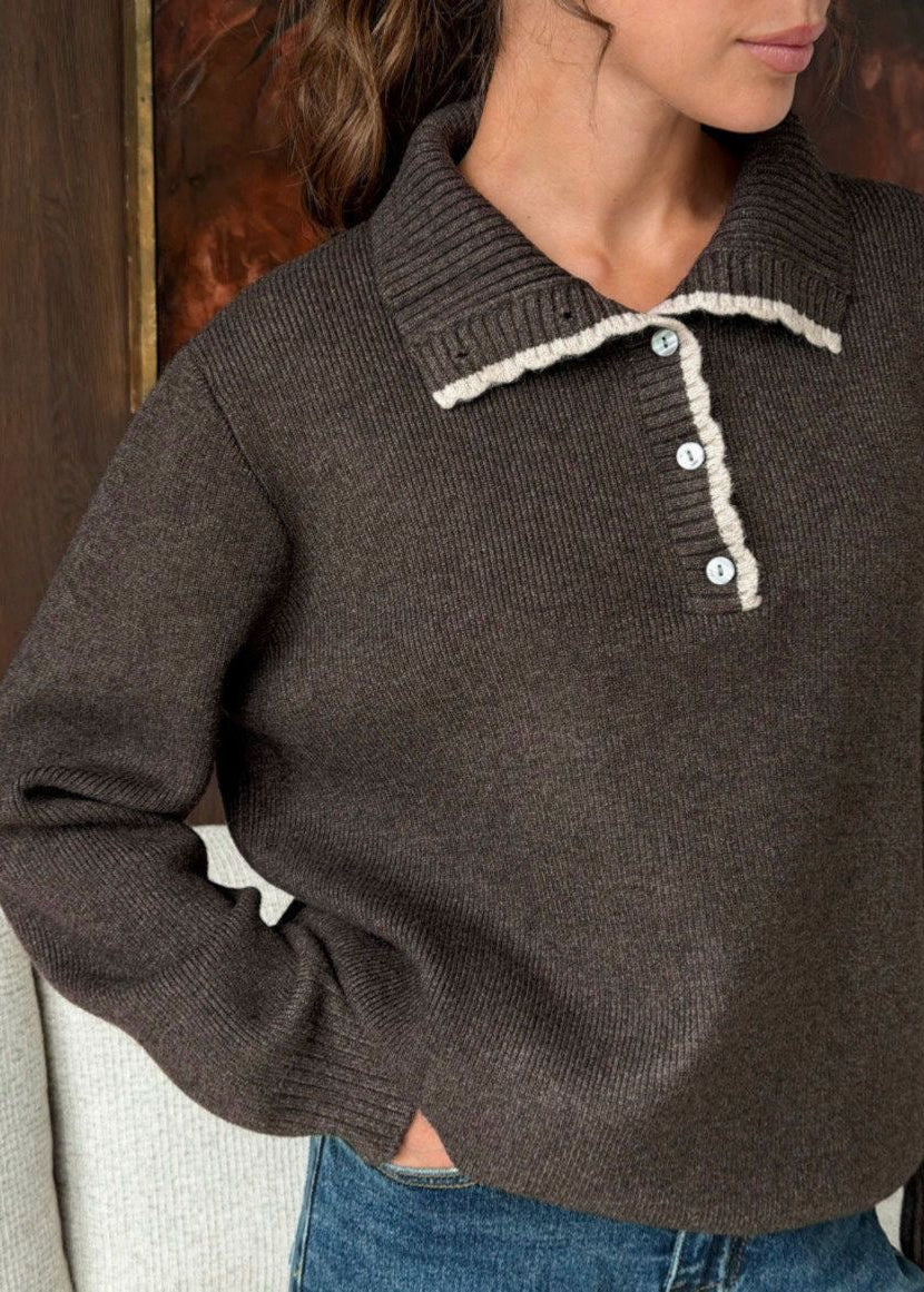 Contrast Trim Mock Neck Knit Pullover with Button Placket