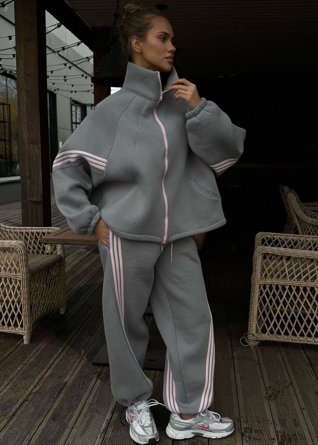 Contrast Stripe Zip-Up Jacket and Jogger Tracksuit Set