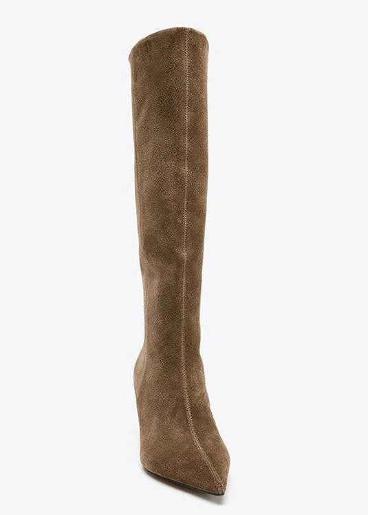 Taupe Suede-Look Knee-High Boots with Pointed Toe and Stiletto Heel